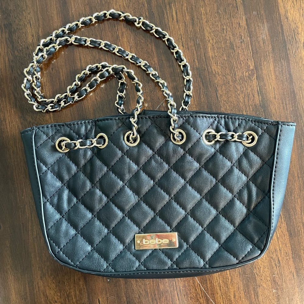 Black bebe Quilted Crossbody Bag with Gold Chain Strap